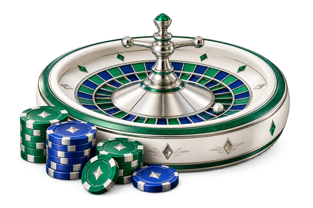 Roulette wheel and green and blue casino chips
