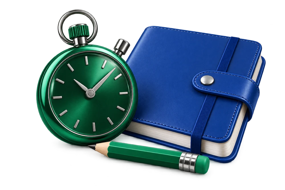 Stopwatch, planning notebook and pencil for setting personal limits